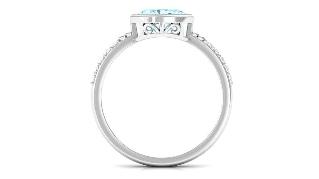 Bezel Set Oval Aquamarine East West Engagement Ring with Diamond Aquamarine - ( AAA ) - Quality - Rosec Jewels
