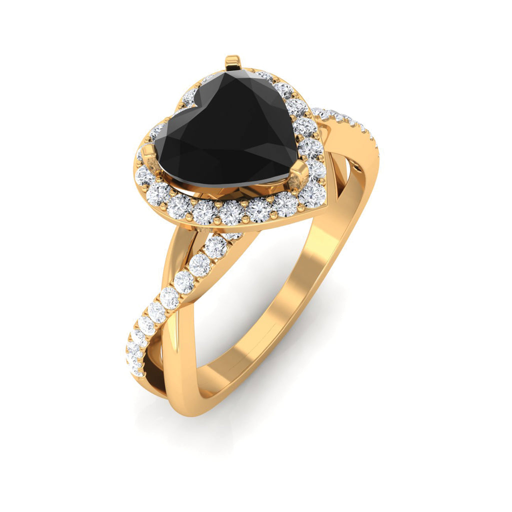 Heart Shape Created Black Diamond Crossover Engagement Ring with Diamond Lab Created Black Diamond - ( AAAA ) - Quality - Rosec Jewels