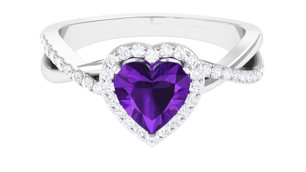 Heart Shape Amethyst Crossover Engagement Ring with Diamond Amethyst - ( AAA ) - Quality - Rosec Jewels