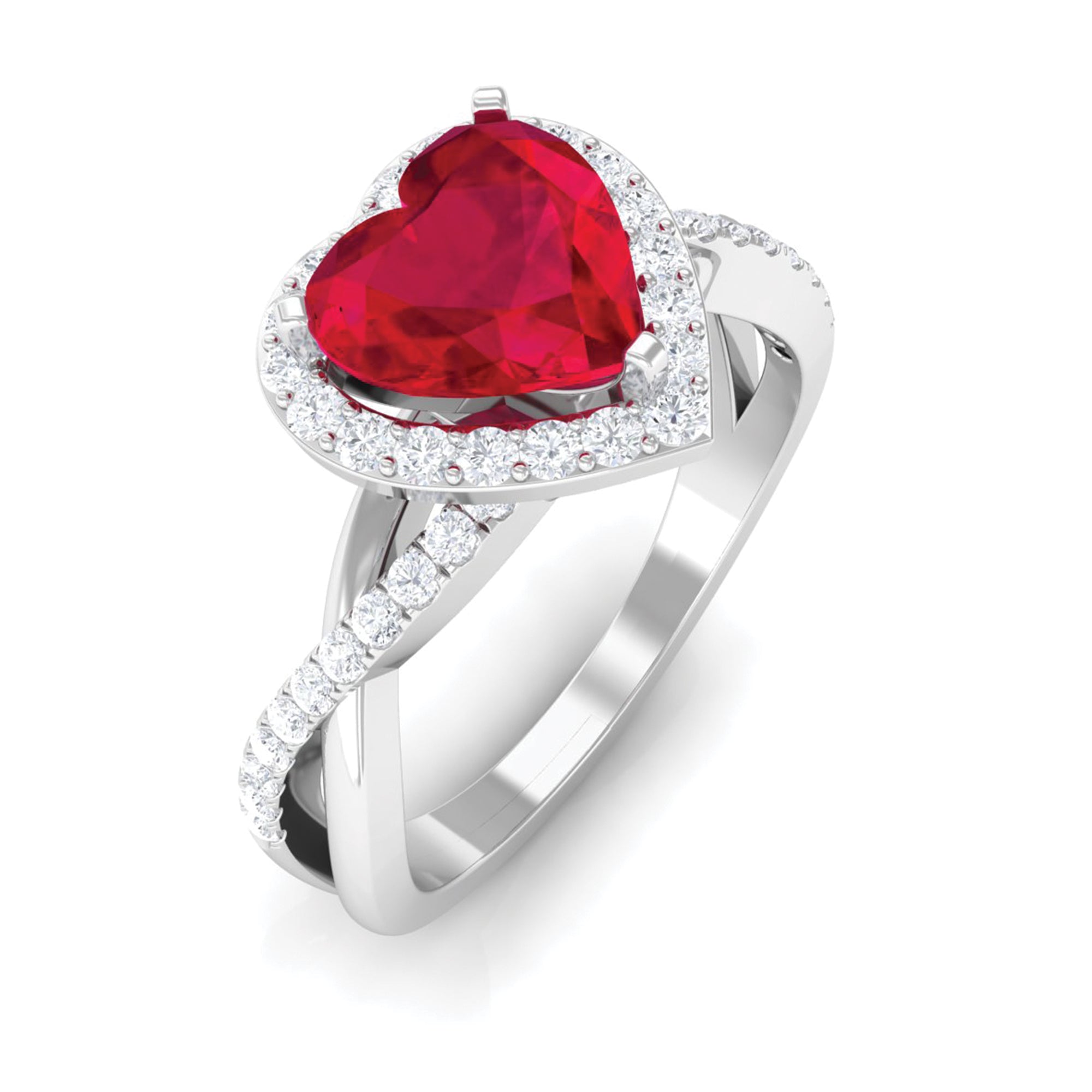 Heart Shape Created Ruby Crossover Engagement Ring with Diamond Lab Created Ruby - ( AAAA ) - Quality - Rosec Jewels