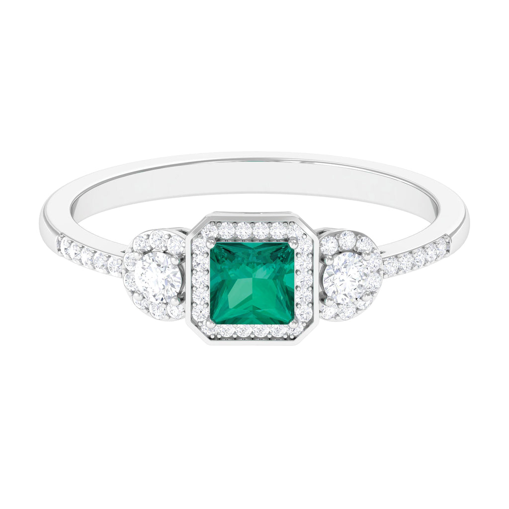 Princess Cut Emerald Halo Engagement Ring with Diamond Emerald - ( AAA ) - Quality - Rosec Jewels