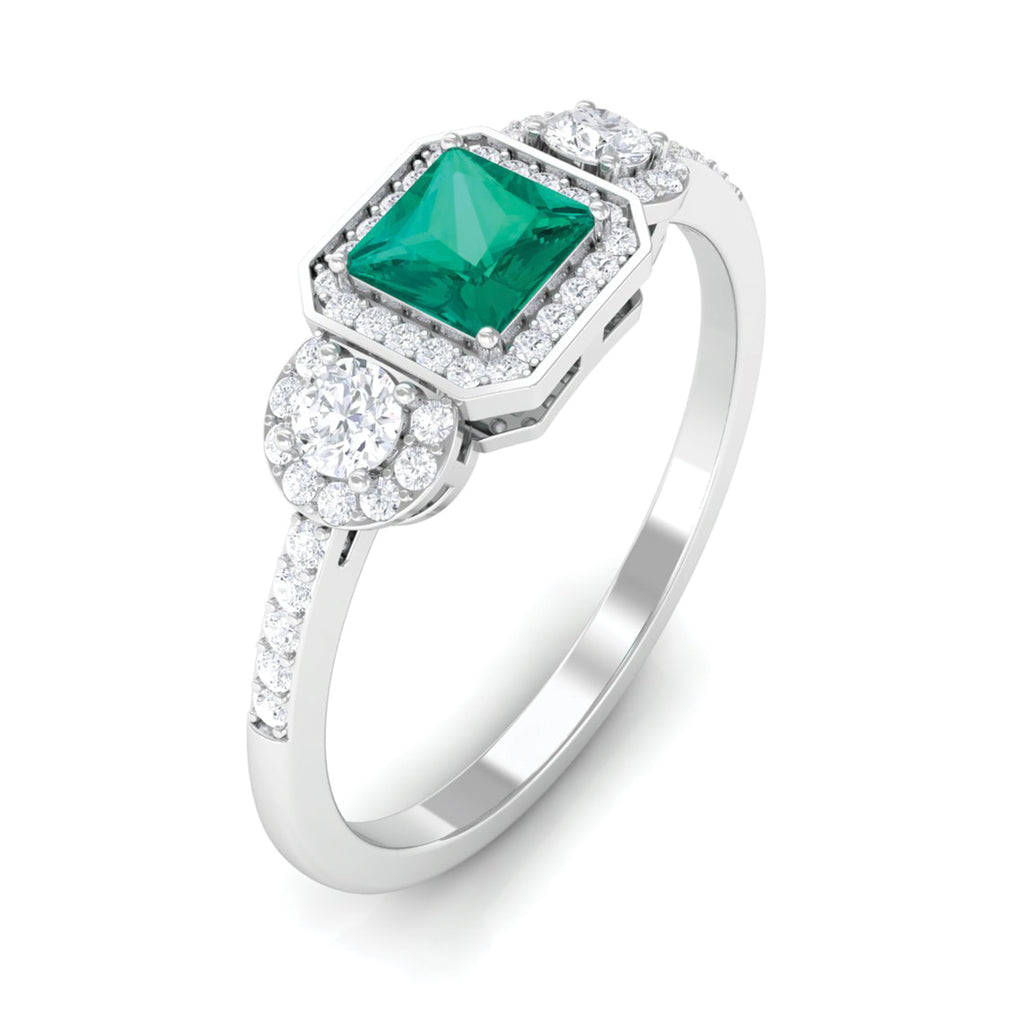 Princess Cut Emerald Halo Engagement Ring with Diamond Emerald - ( AAA ) - Quality - Rosec Jewels