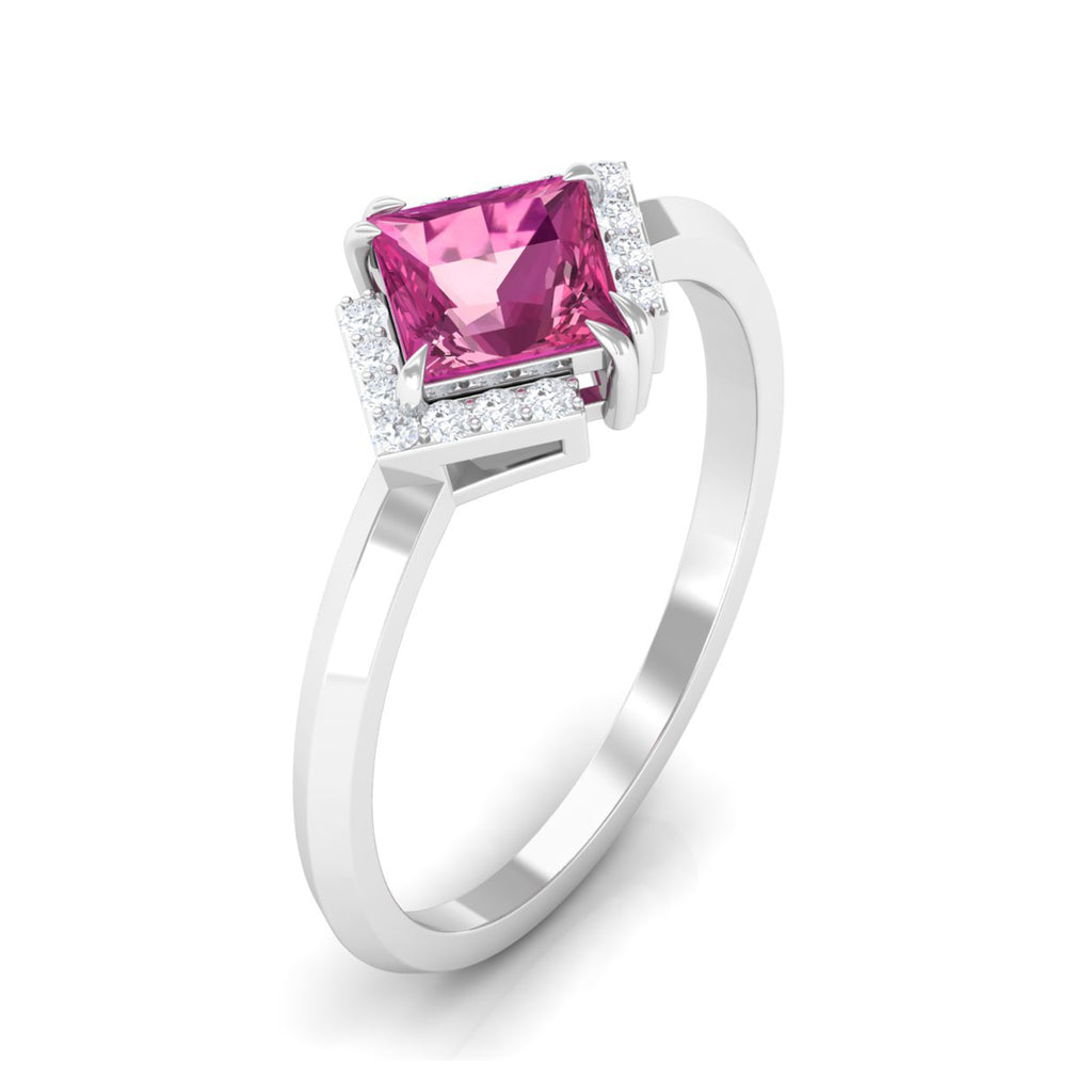 Contemporary Princess Cut Pink Tourmaline Engagement Ring with Diamond Pink Tourmaline - ( AAA ) - Quality - Rosec Jewels