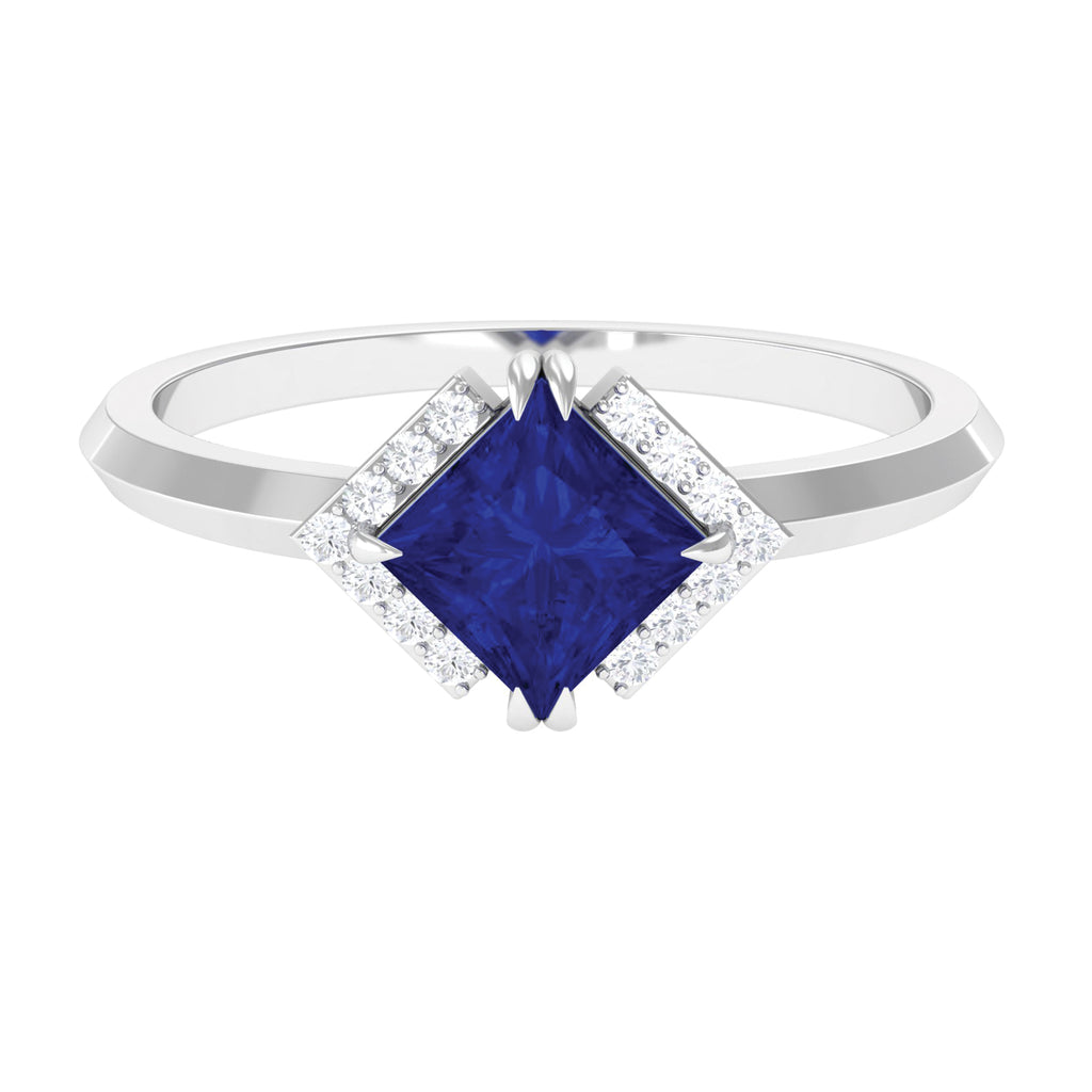 Princess Cut Created Blue Sapphire Simple Engagement Ring with Diamond Lab Created Blue Sapphire - ( AAAA ) - Quality - Rosec Jewels
