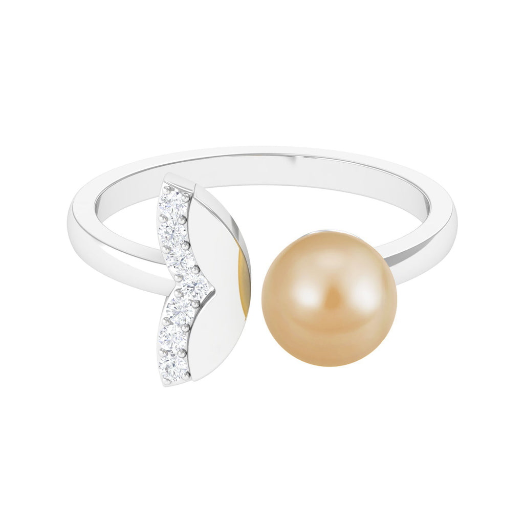 Round South Sea Pearl Solitaire Cuff Ring with Diamond South Sea Pearl - ( AAA ) - Quality - Rosec Jewels