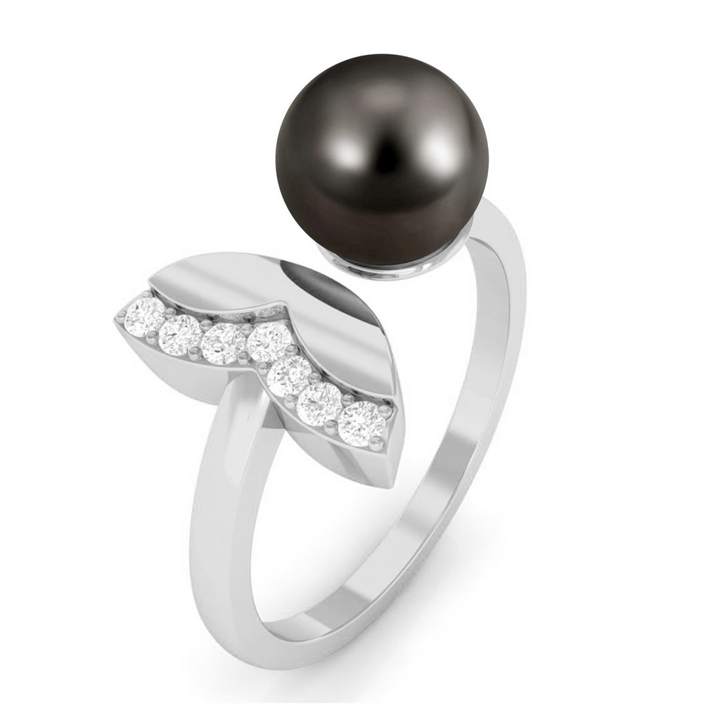 Round Tahitian Pearl Solitaire Cuff Engagement Ring with Diamond Tahitian pearl - ( AAA ) - Quality - Rosec Jewels