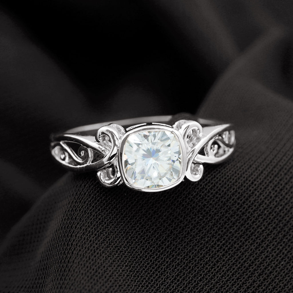Cushion Cut Cubic Zirconia Vintage Inspired Solitaire Ring in Bezel Setting Zircon - ( AAAA ) - Quality - Rosec Jewels