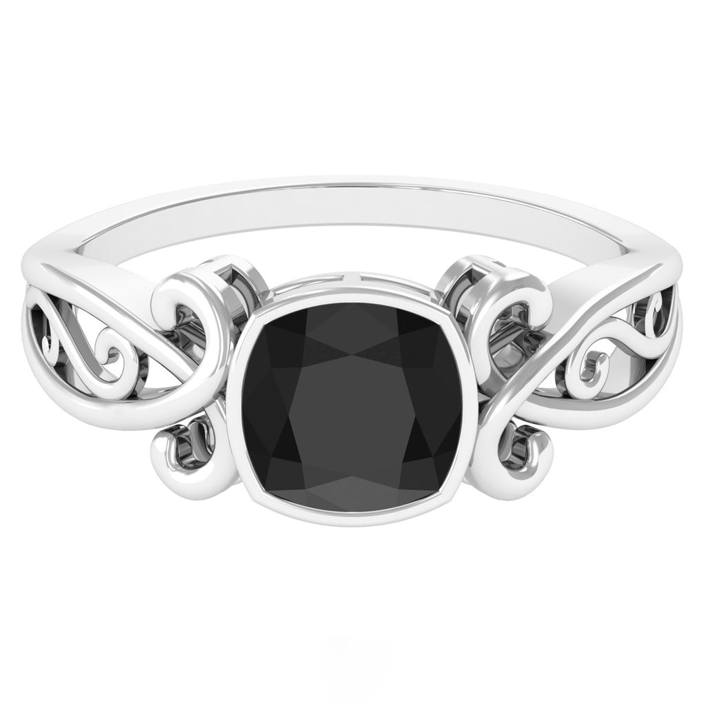 Vintage Style Cushion Created Black Diamond Solitaire Ring in Bezel Setting Lab Created Black Diamond - ( AAAA ) - Quality - Rosec Jewels
