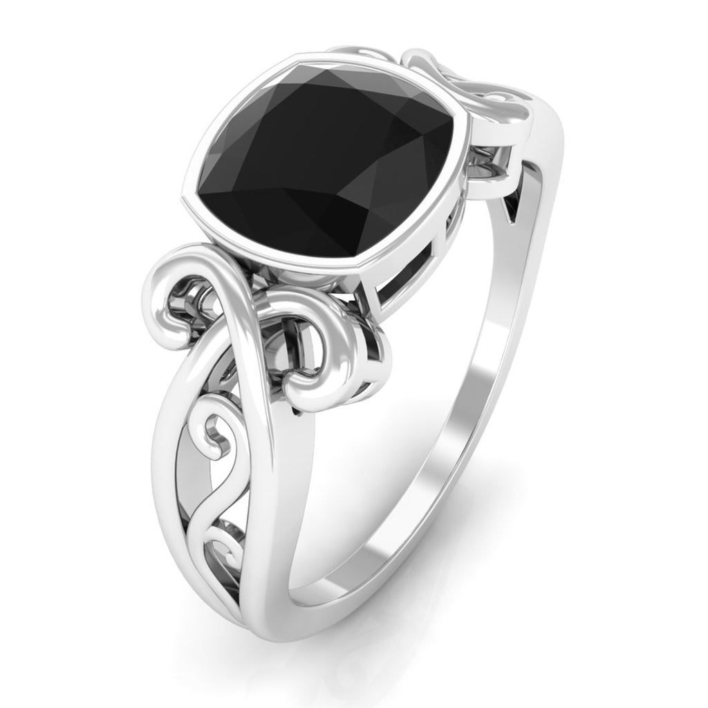 Vintage Style Cushion Created Black Diamond Solitaire Ring in Bezel Setting Lab Created Black Diamond - ( AAAA ) - Quality - Rosec Jewels