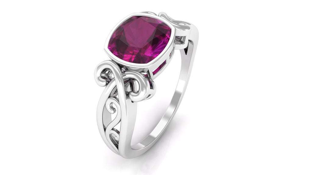 Vintage Style Cushion Cut Rhodolite Solitaire Ring in Bezel Setting Rhodolite - ( AAA ) - Quality - Rosec Jewels