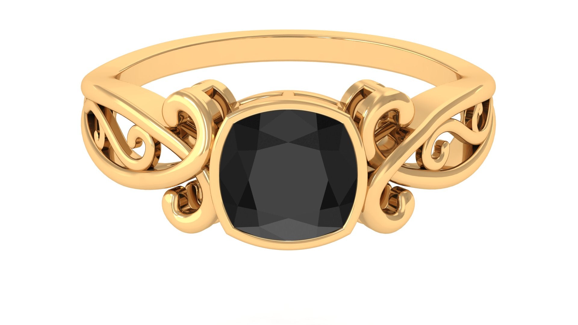 Cushion Black Spinel Solitaire Vintage Inspired Ring in Bezel Setting Black Spinel - ( AAA ) - Quality - Rosec Jewels