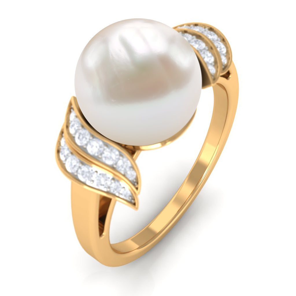 Elegant Freshwater Pearl Solitaire Ring with Diamond Accent Freshwater Pearl - ( AAA ) - Quality - Rosec Jewels