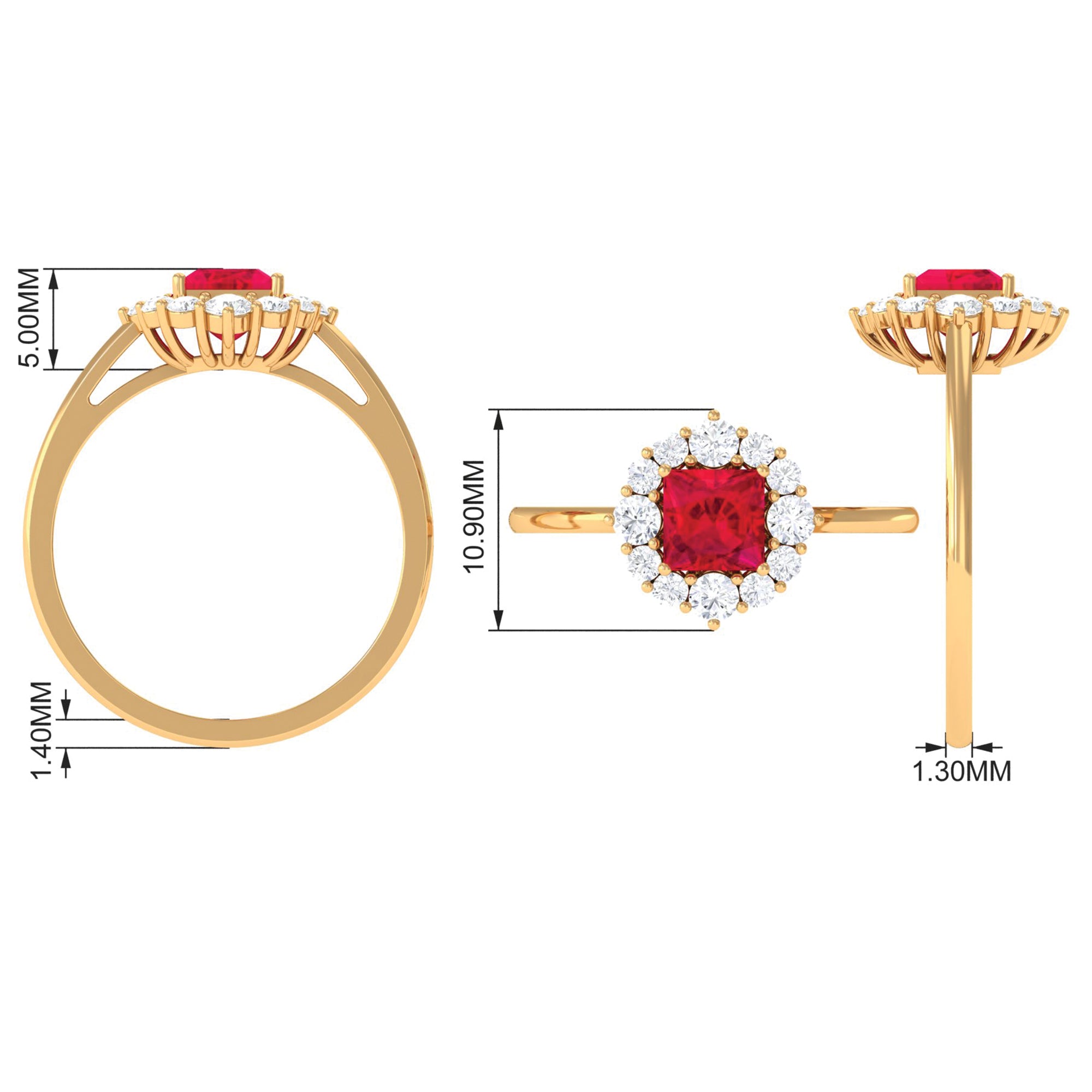 Princess Cut Lab Grown Ruby Ring with Diamond Halo Lab Created Ruby - ( AAAA ) - Quality - Rosec Jewels