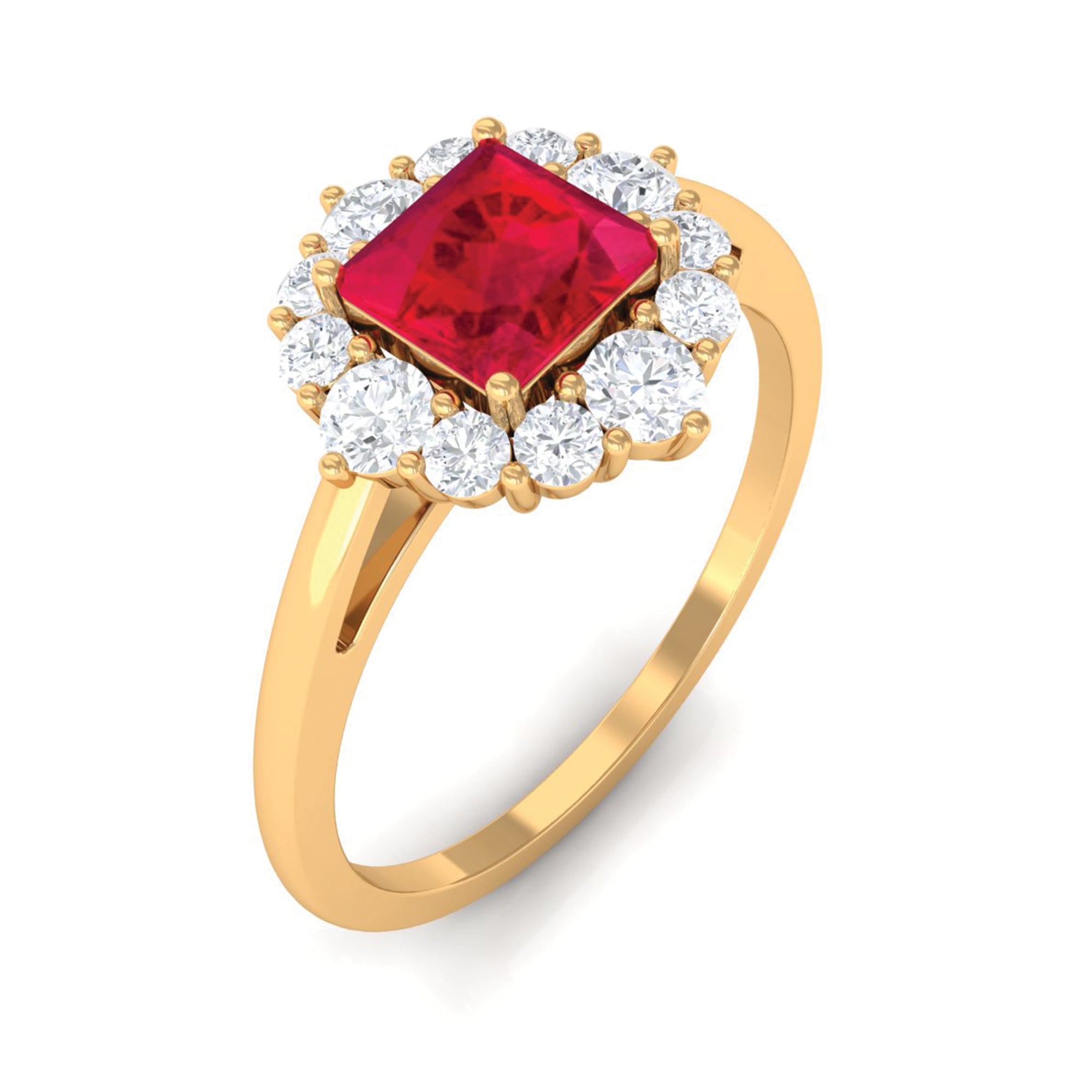Princess Cut Lab Grown Ruby Ring with Diamond Halo Lab Created Ruby - ( AAAA ) - Quality - Rosec Jewels