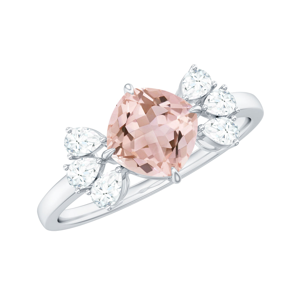 Cushion Cut Morganite Solitaire Ring with Diamond Trio Morganite - ( AAA ) - Quality - Rosec Jewels