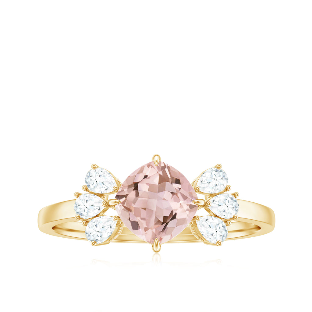 Cushion Cut Morganite Solitaire Ring with Diamond Trio Morganite - ( AAA ) - Quality - Rosec Jewels