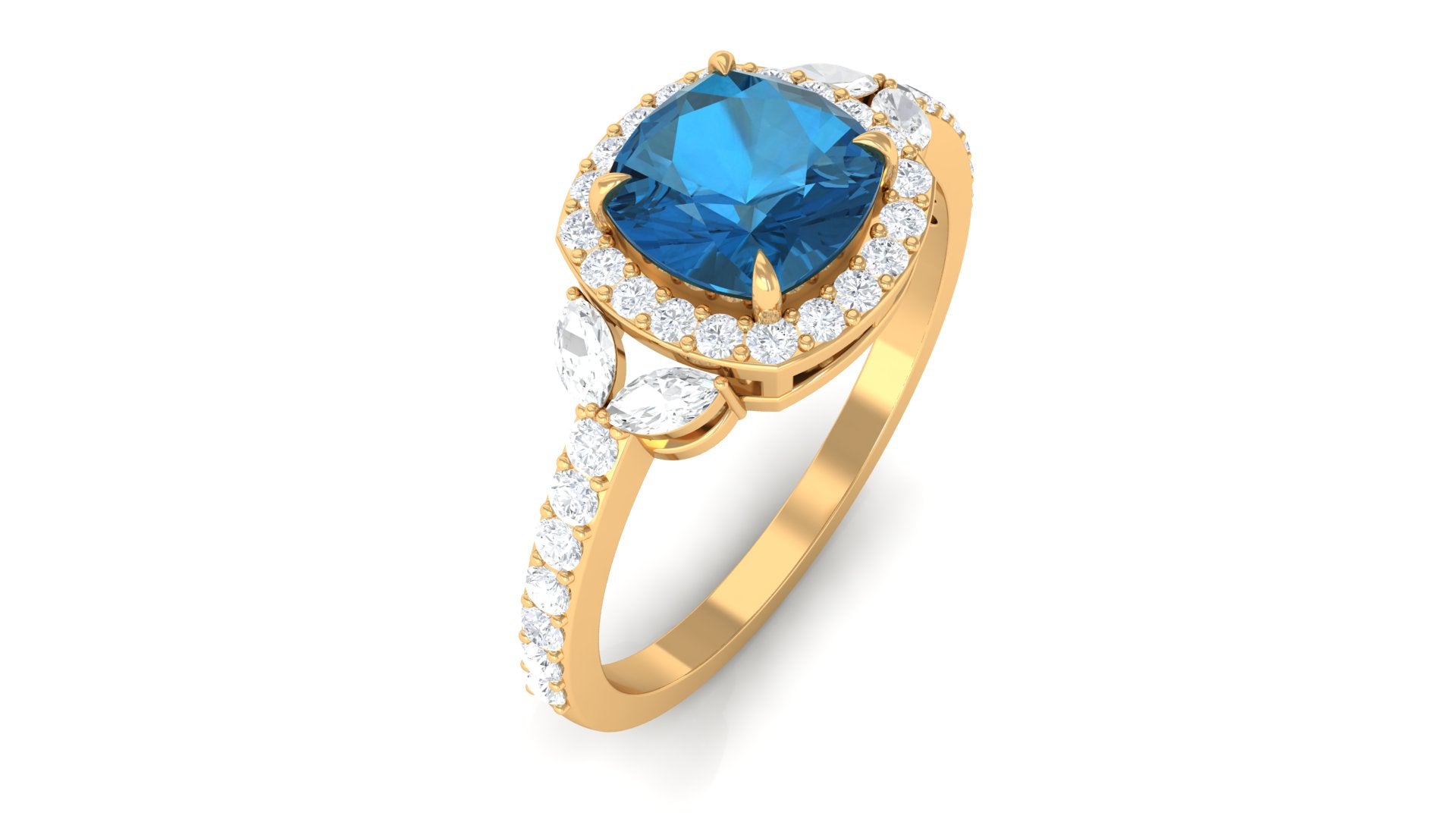 Natural London Blue Topaz Halo Engagement Ring with Diamond London Blue Topaz - ( AAA ) - Quality - Rosec Jewels