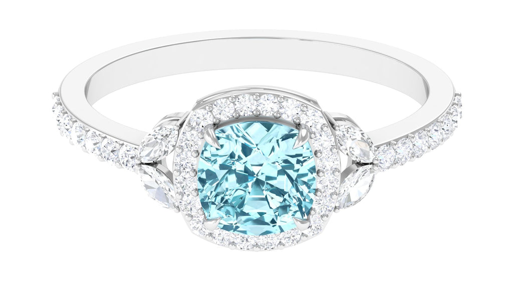 Real Aquamarine Halo Engagement Ring with Diamond Aquamarine - ( AAA ) - Quality - Rosec Jewels
