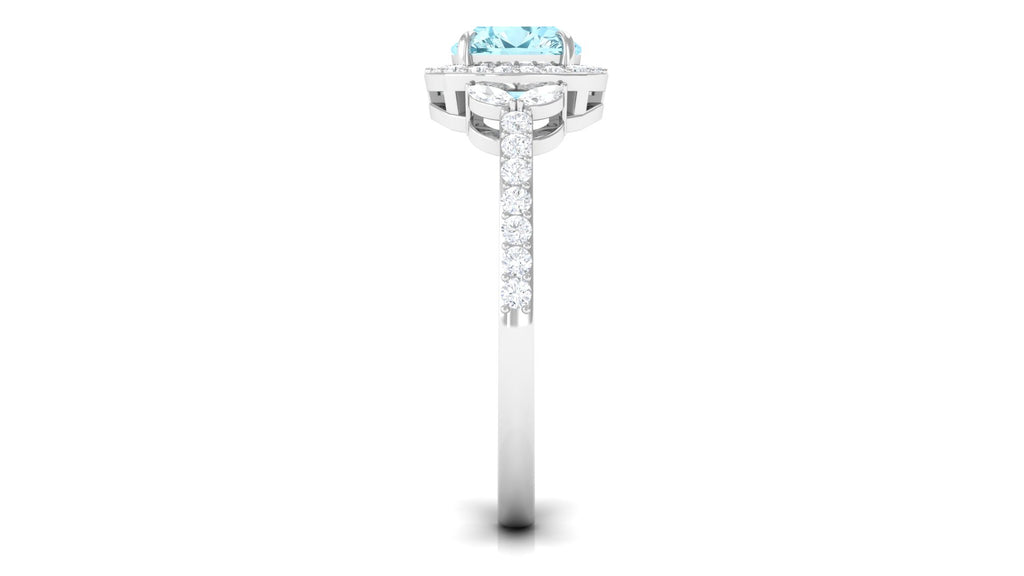 Real Aquamarine Halo Engagement Ring with Diamond Aquamarine - ( AAA ) - Quality - Rosec Jewels