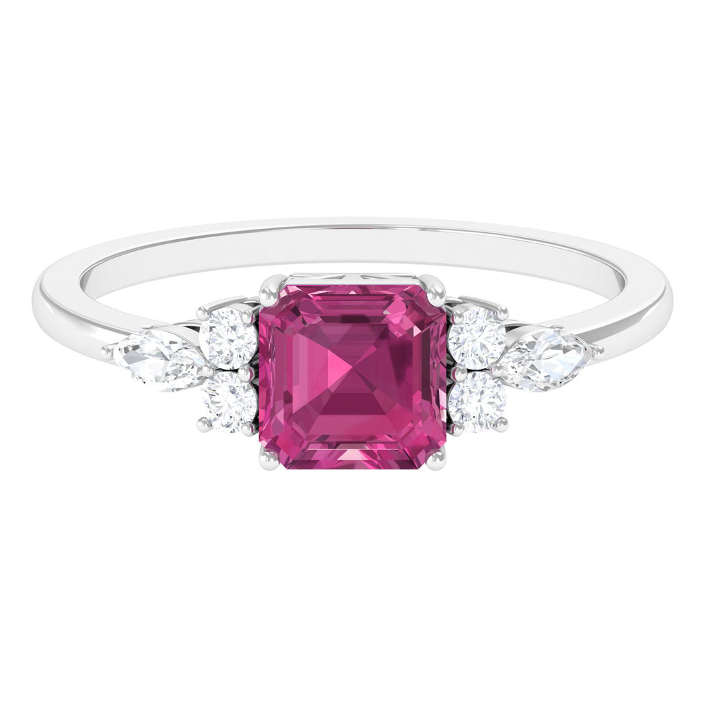 Asscher Cut Pink Tourmaline Solitaire Engagement Ring with Diamond Trio Pink Tourmaline - ( AAA ) - Quality - Rosec Jewels