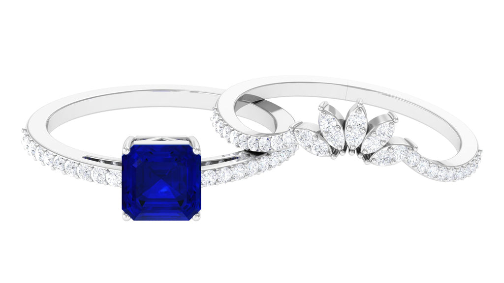 Asscher Cut Created Blue Sapphire Solitaire Wedding Ring Set with Diamond Accent Lab Created Blue Sapphire - ( AAAA ) - Quality - Rosec Jewels