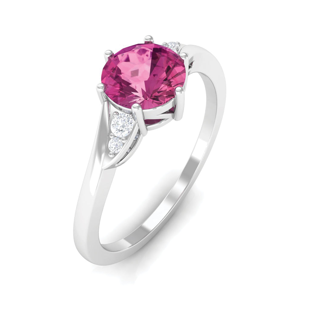 Round Shape Pink Tourmaline Solitaire Ring with Diamond Pink Tourmaline - ( AAA ) - Quality - Rosec Jewels
