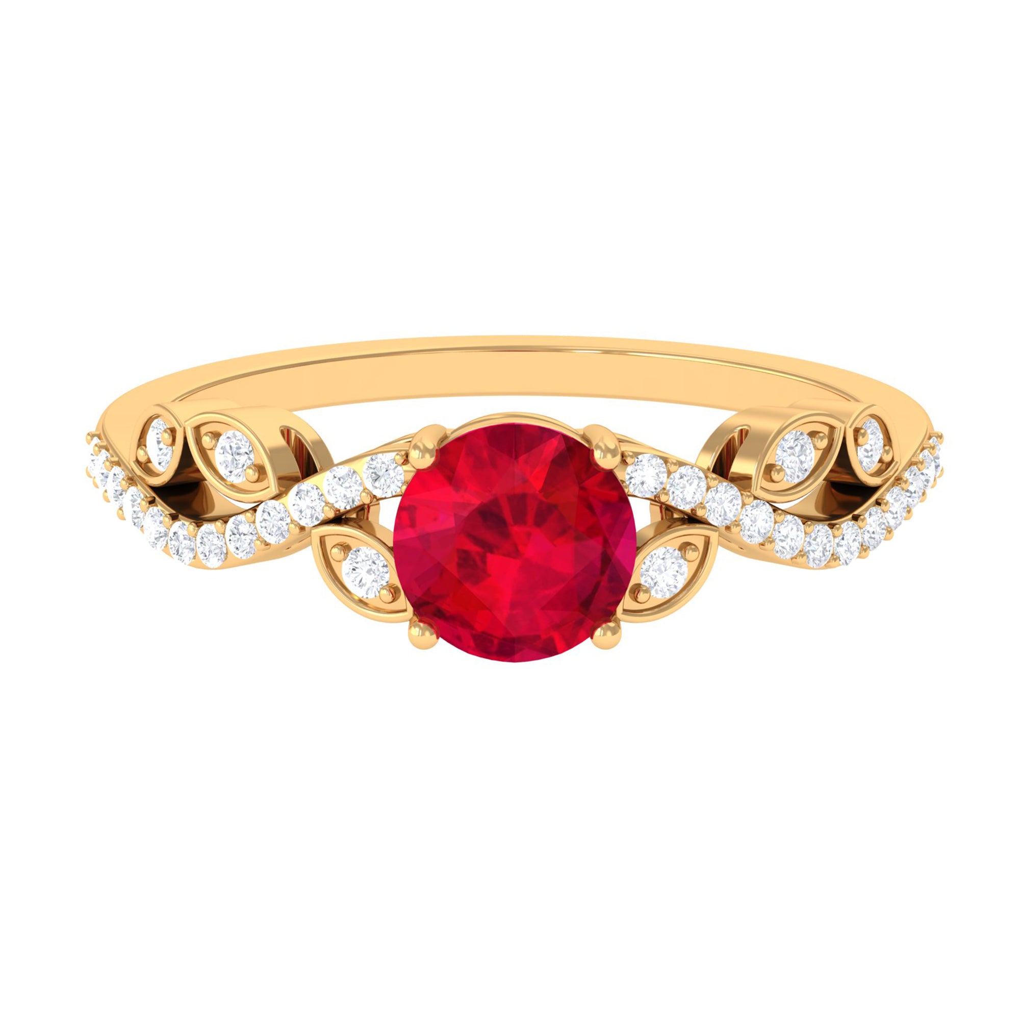 Round Shape Created Ruby Designer Engagement Ring with Diamond Lab Created Ruby - ( AAAA ) - Quality - Rosec Jewels