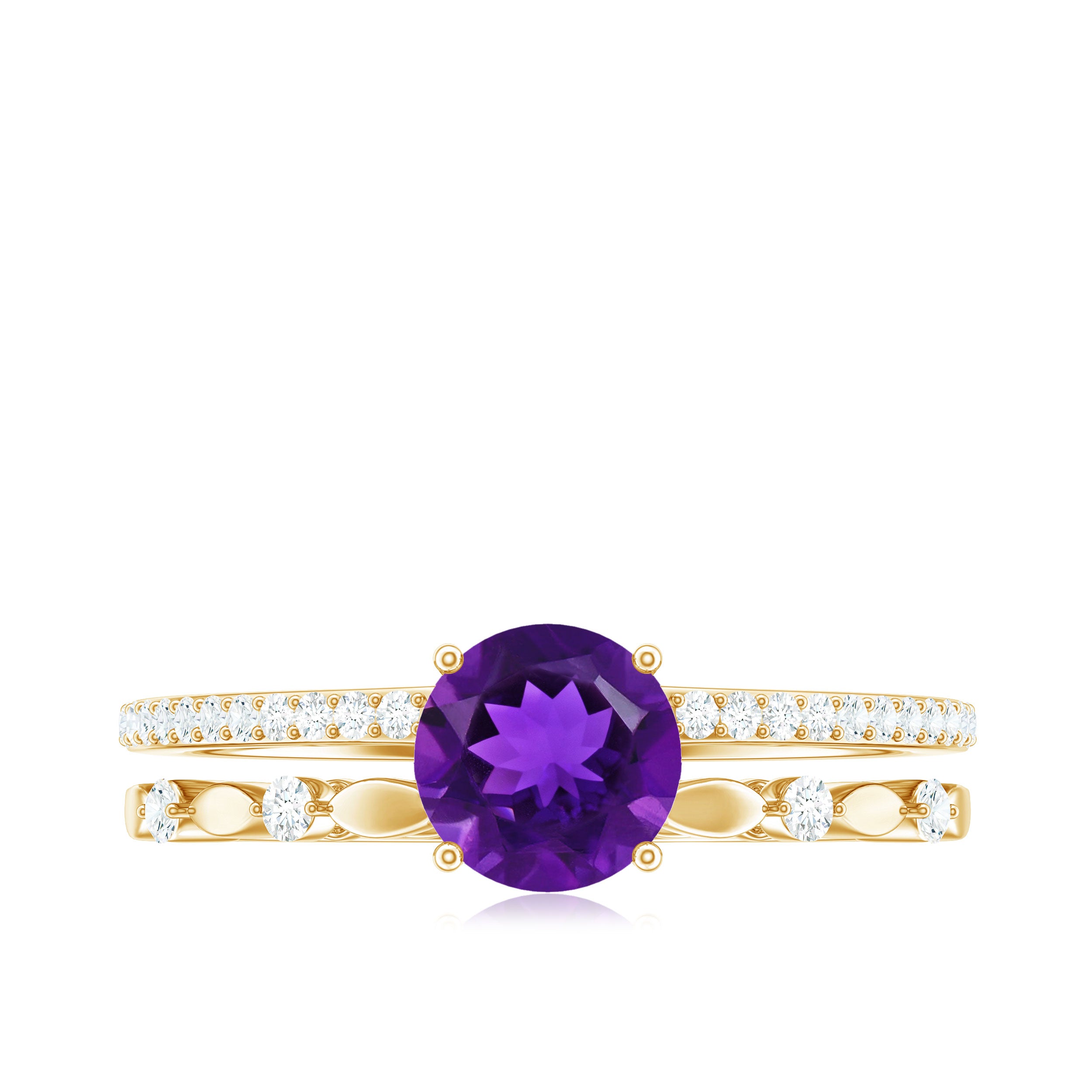 Round Shape Amethyst Solitaire Double Band Ring with Diamond Amethyst - ( AAA ) - Quality - Rosec Jewels