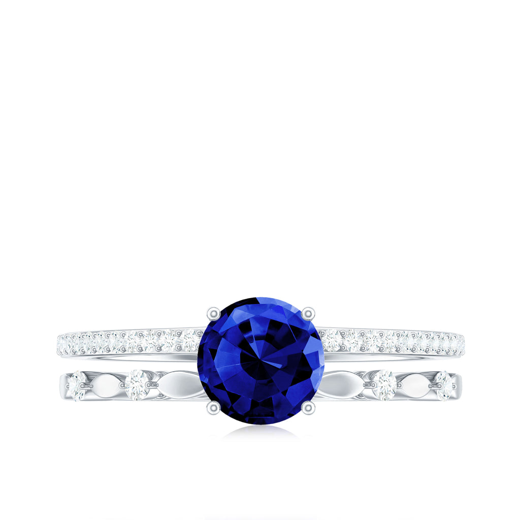 6 MM Created Blue Sapphire Solitaire Engagement Double Band Ring with Diamond Lab Created Blue Sapphire - ( AAAA ) - Quality - Rosec Jewels