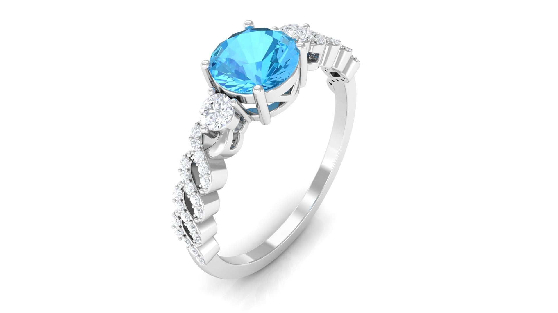 Round Shape Swiss Blue Topaz Designer Engagement Ring with Diamond Side Stones Swiss Blue Topaz - ( AAA ) - Quality - Rosec Jewels
