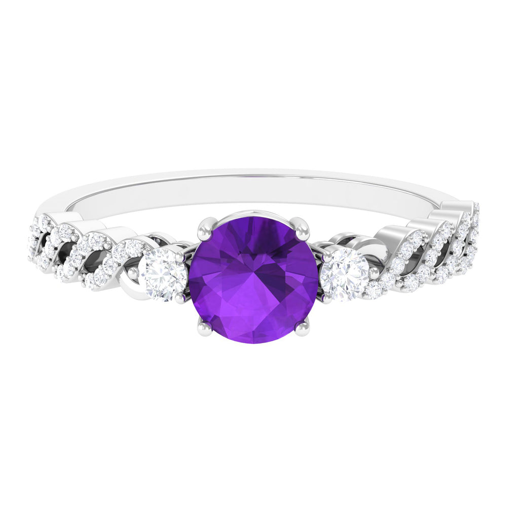 Round Amethyst Solitaire Ring with Diamond Side Stones Amethyst - ( AAA ) - Quality - Rosec Jewels