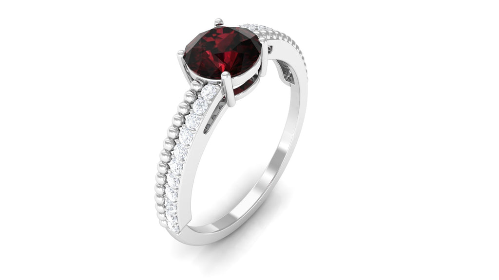 Round Garnet Solitaire Engagement Ring with Diamond Garnet - ( AAA ) - Quality - Rosec Jewels