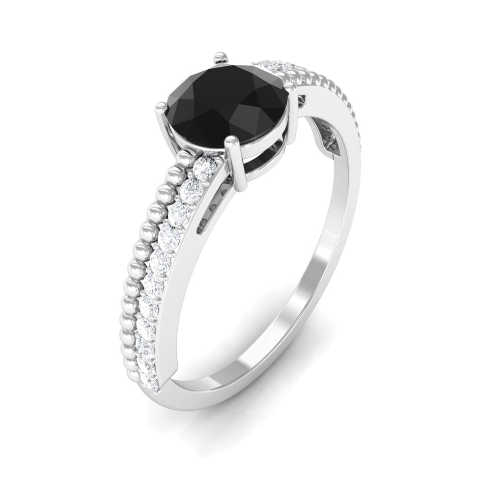 Round Shape Solitaire Created Black Diamond and Diamond Ring with Side Stones Lab Created Black Diamond - ( AAAA ) - Quality - Rosec Jewels