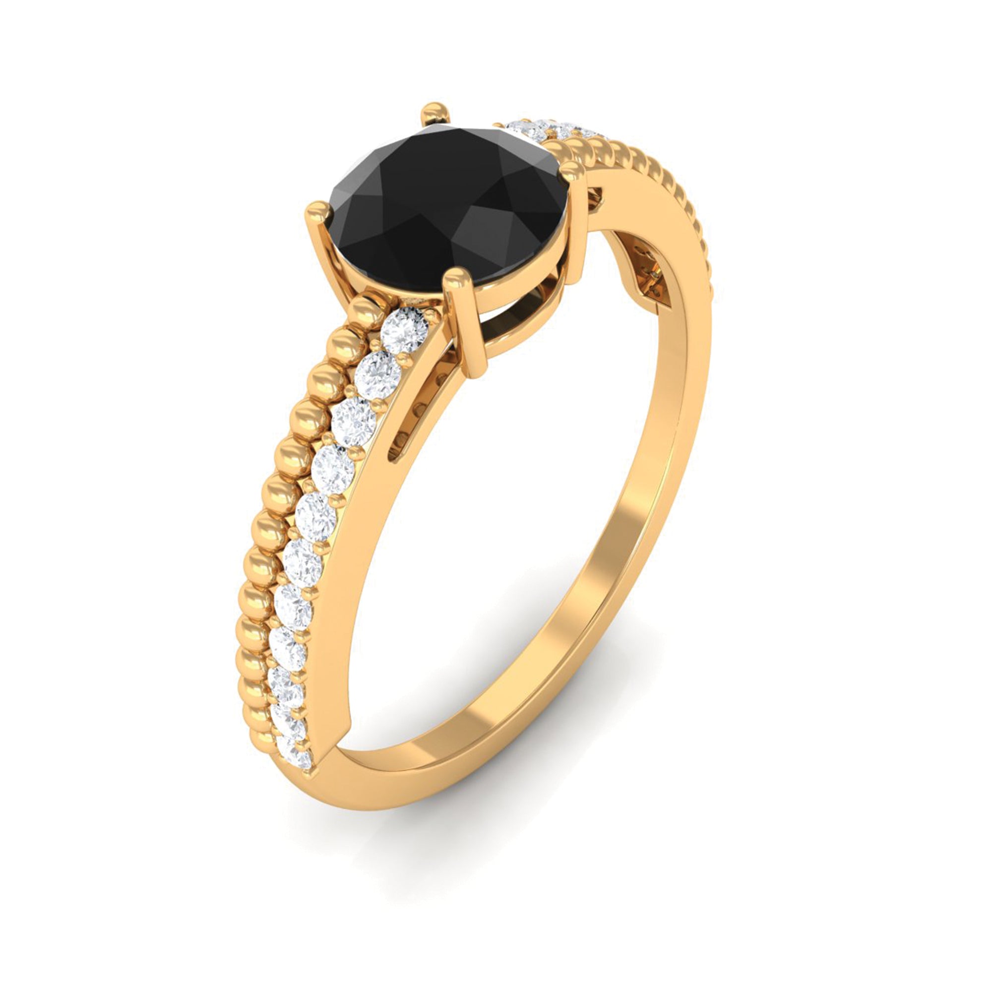 Round Shape Solitaire Created Black Diamond and Diamond Ring with Side Stones Lab Created Black Diamond - ( AAAA ) - Quality - Rosec Jewels