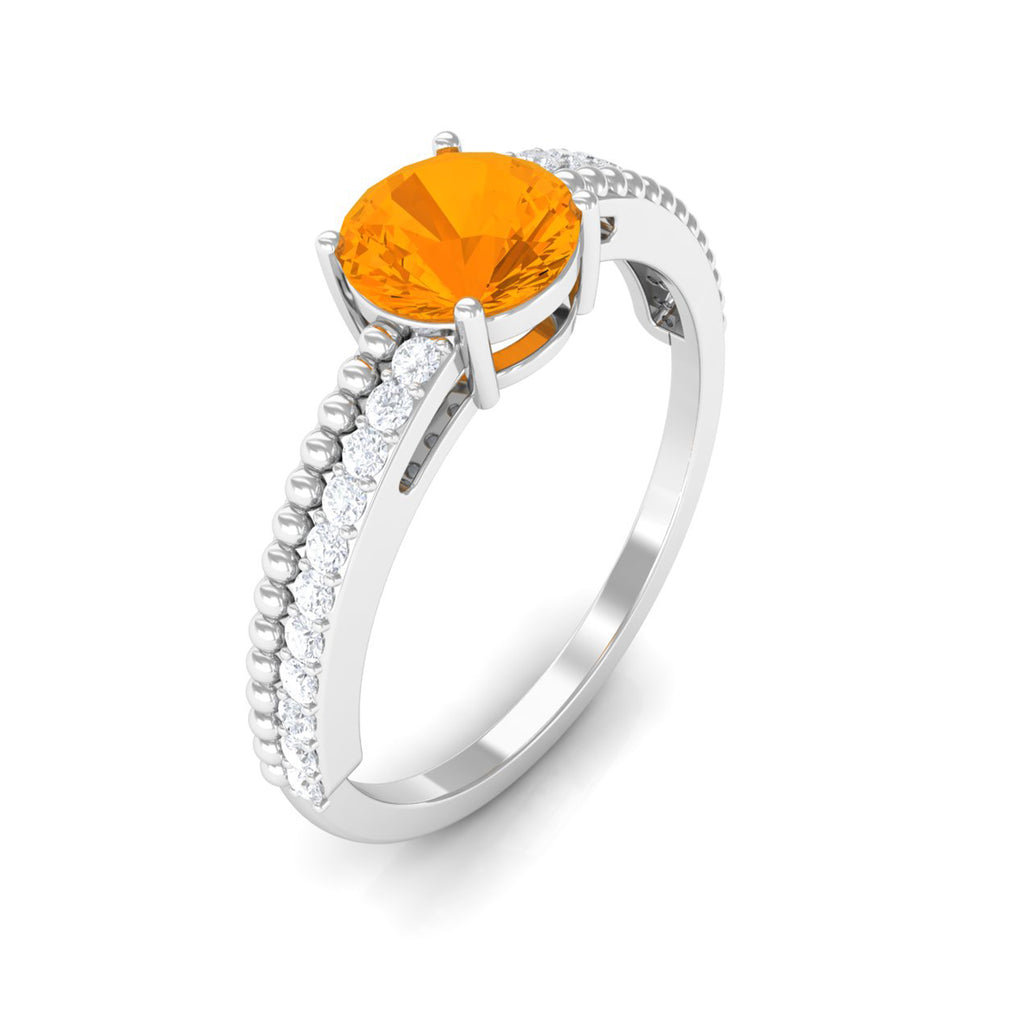 1 CT Round Fire Opal Solitaire Ring with Diamond and Beaded Shank Fire Opal - ( AAA ) - Quality - Rosec Jewels