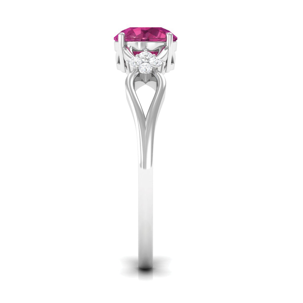 Pink Tourmaline Solitaire Floral Ring with Diamond Pink Tourmaline - ( AAA ) - Quality - Rosec Jewels