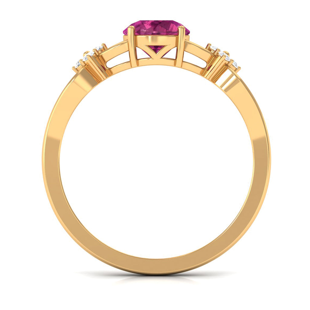 Pink Tourmaline Solitaire Floral Ring with Diamond Pink Tourmaline - ( AAA ) - Quality - Rosec Jewels