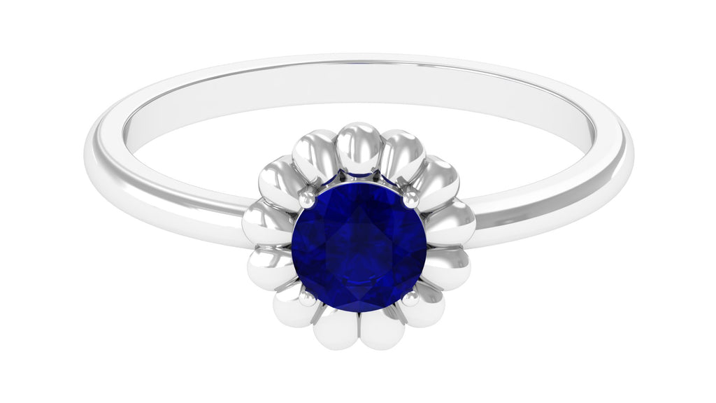 1 CT Round Cut Solitaire Blue Sapphire Gold Flower Ring Blue Sapphire - ( AAA ) - Quality - Rosec Jewels