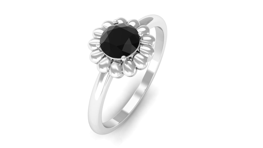 3/4 CT Round Cut Solitaire Created Black Diamond Gold Flower Ring Lab Created Black Diamond - ( AAAA ) - Quality - Rosec Jewels