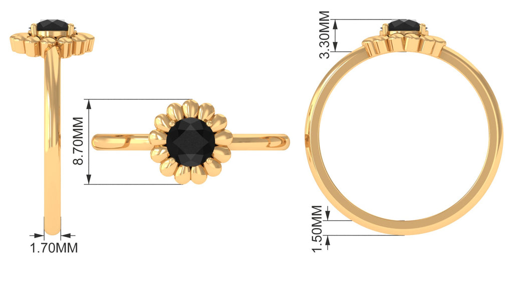 3/4 CT Round Cut Solitaire Created Black Diamond Gold Flower Ring Lab Created Black Diamond - ( AAAA ) - Quality - Rosec Jewels