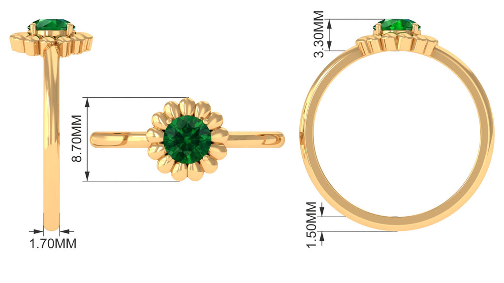 5 MM Round Lab Created Emerald Gold Floral Solitaire Ring in Prong Setting Lab Created Emerald - ( AAAA ) - Quality - Rosec Jewels