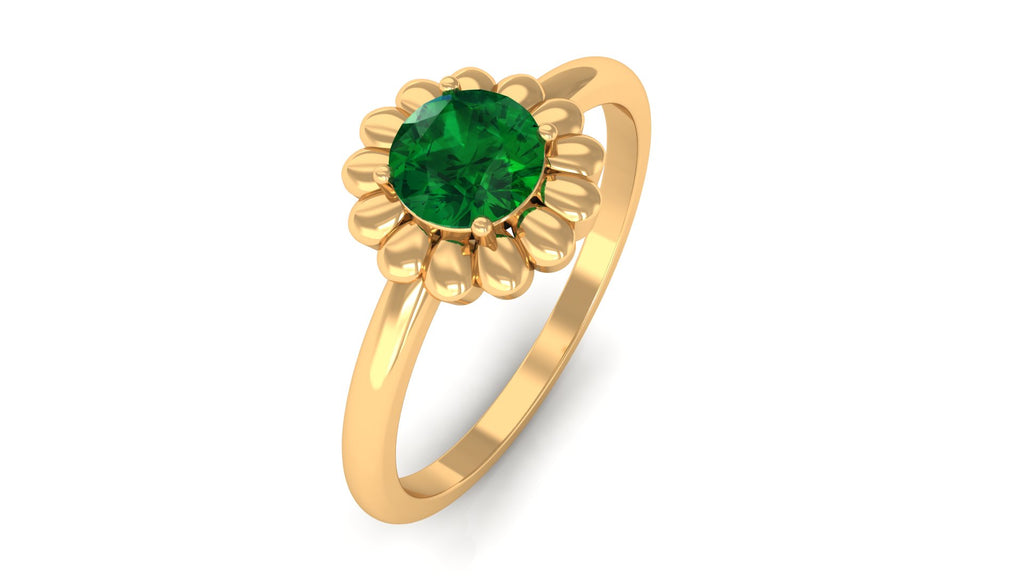 5 MM Round Lab Created Emerald Gold Floral Solitaire Ring in Prong Setting Lab Created Emerald - ( AAAA ) - Quality - Rosec Jewels