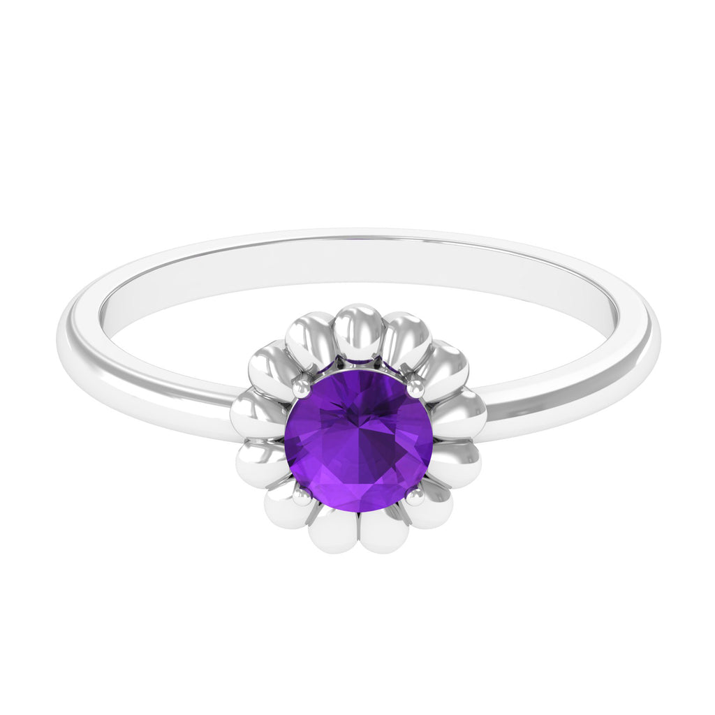 Round Cut Solitaire Amethyst Flower Ring Amethyst - ( AAA ) - Quality - Rosec Jewels