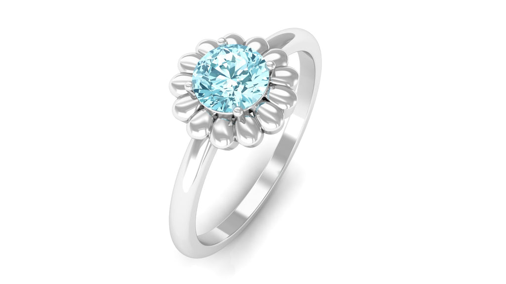 Round Cut Solitaire Aquamarine Flower Ring Aquamarine - ( AAA ) - Quality - Rosec Jewels