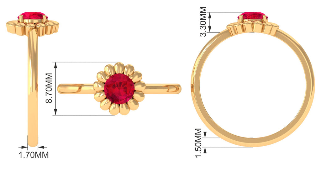 5 MM Round Lab Created Ruby Solitaire Gold Flower Ring Lab Created Ruby - ( AAAA ) - Quality - Rosec Jewels