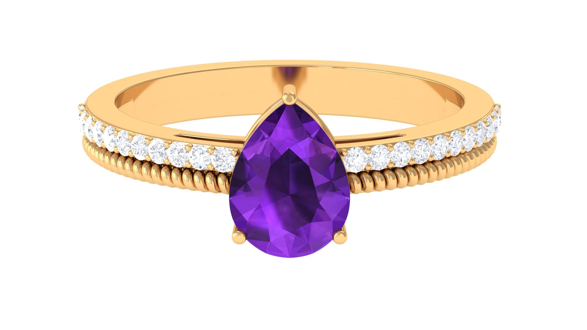 Pear Shaped Amethyst and Diamond Solitaire Ring with Twisted Rope Amethyst - ( AAA ) - Quality - Rosec Jewels
