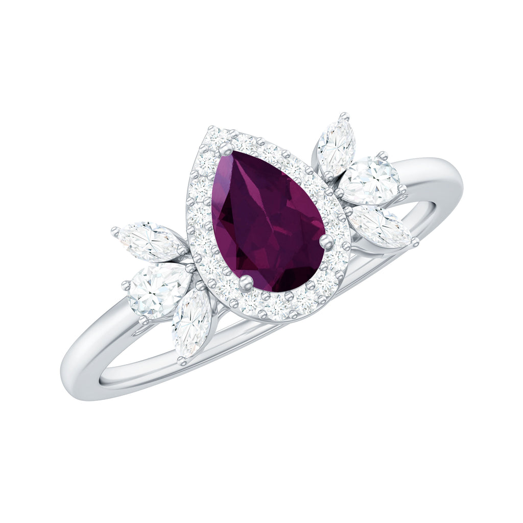 1.25 CT Pear Cut Rhodolite Engagement Ring with Diamond Halo Rhodolite - ( AAA ) - Quality - Rosec Jewels