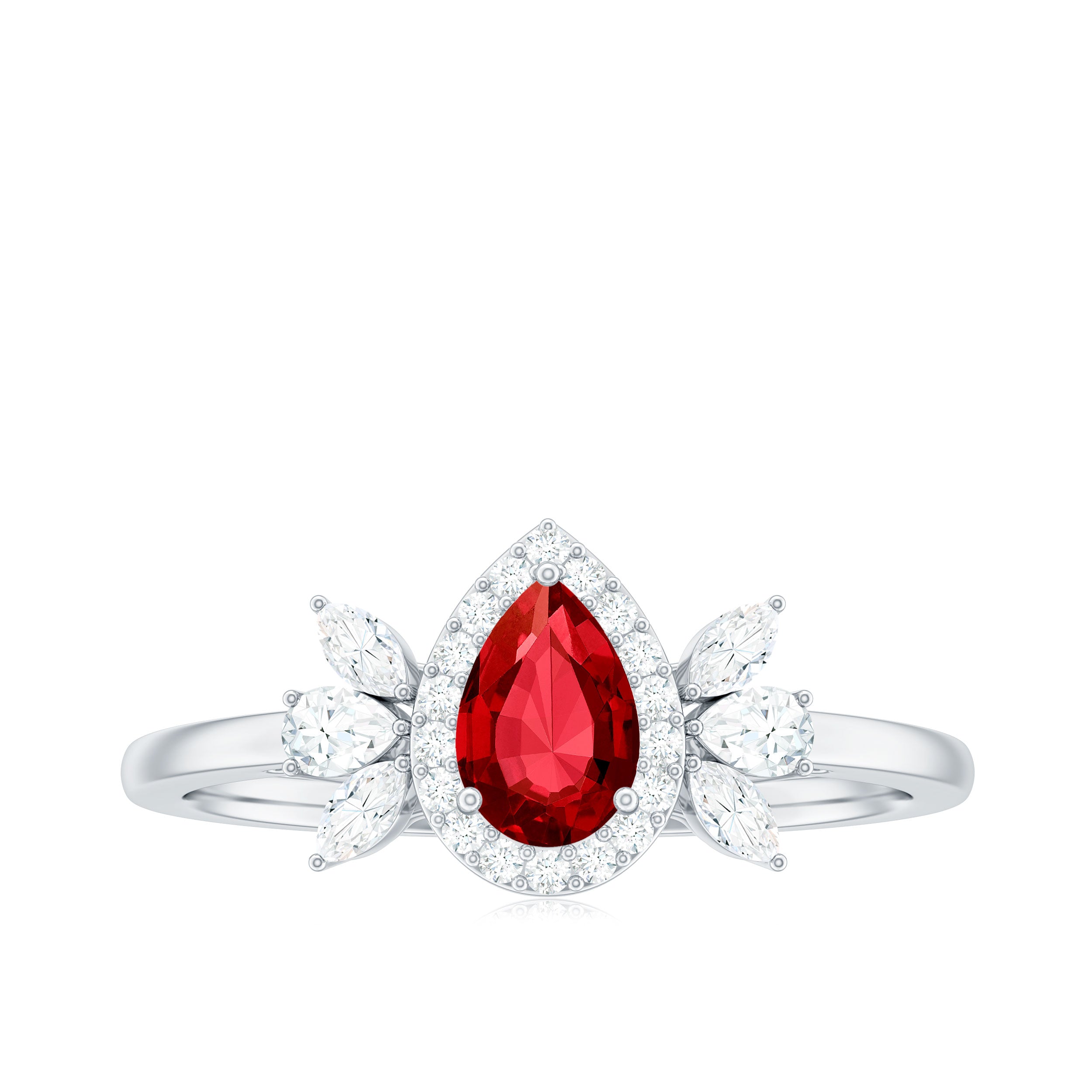 Pear Shape Created Ruby Halo Engagement Ring with Diamond Lab Created Ruby - ( AAAA ) - Quality - Rosec Jewels