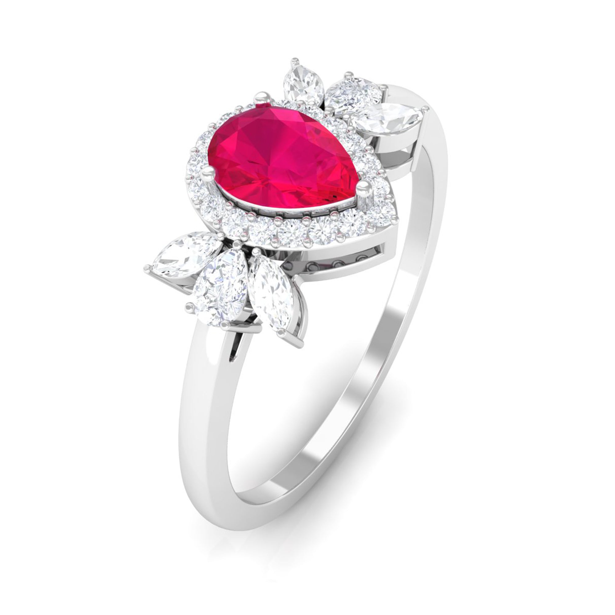 Designer Ruby and Diamond Halo Teardrop Engagement Ring Ruby - ( AAA ) - Quality - Rosec Jewels