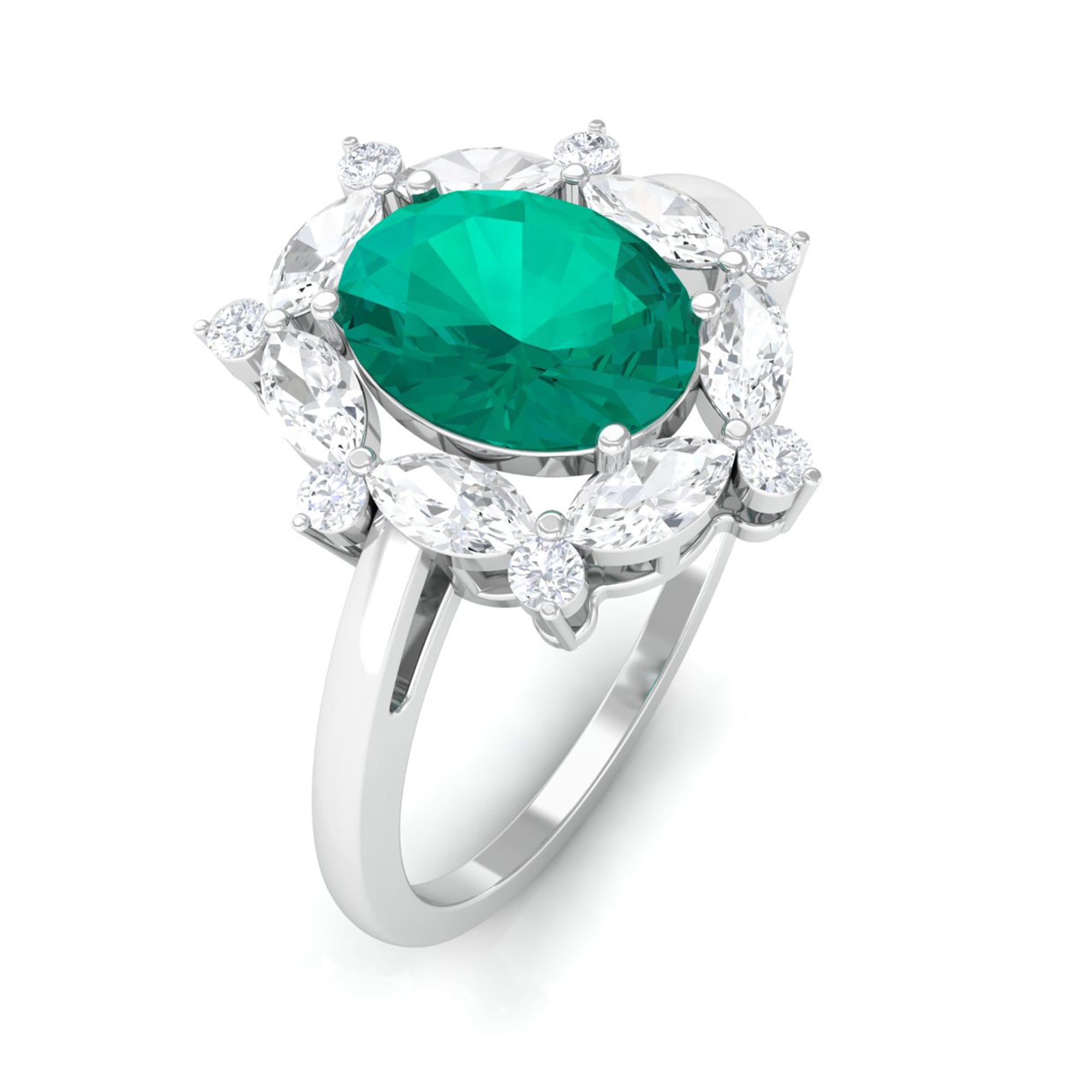 2 CT Oval Emerald Designer Halo Engagement Ring with Moissanite Emerald - ( AAA ) - Quality - Rosec Jewels